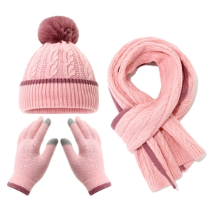 Kinder Winter Warm Acryl Strickmütze Schal Und Touchscreen Handschuhe Mit Kunstpelz Bommel Gestreiftes Muster