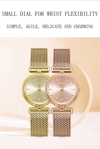 Close-up of gold and rose gold mesh strap watches with small dials and diamond markers