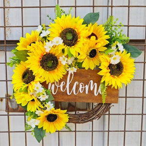Couronne De Bienvenue Tournesol Fleurs Jaunes Artificielles Base En Rotin Panneau Bois Décoration Murale De Porte