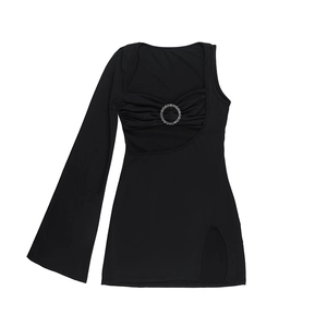 Detail of sexy black mini dress with single long sleeve, waist cutout and rhinestone ring