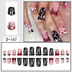 Square press-on nails with leopard, zebra prints and star patterns, 24-piece full set