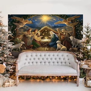 Christmas Nativity scene wall tapestry with angel and shepherds for festive indoor decor