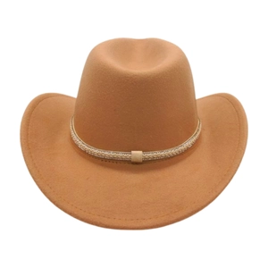 Detailed close-up of camel felt cowboy hat with rhinestone-embellished woven band