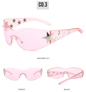 Pink rimless sunglasses with star embellishments shown in multiple display angles