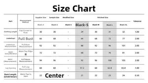 Detailed size chart for women's black two-piece bikini featuring measurements from S to XL