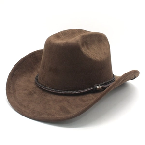Deep brown faux suede cowboy hat with woven leather band and vintage metal buckle