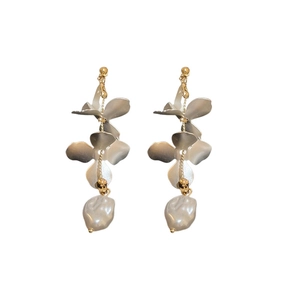 Floral petal tassel earrings with baroque faux pearls in matte gold finish