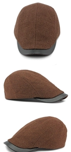 Three-view detail of a dark brown wool ivy cap with a contrasting black leather brim