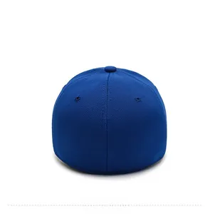 Detail view of the royal blue stretch fabric baseball cap with a closed back design