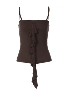 Canotta slim fit da donna marrone scuro con spalline regolabili e dettaglio volant frontale