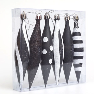 Set of 6 black and white pointed Christmas ball ornaments with glitter and stripes