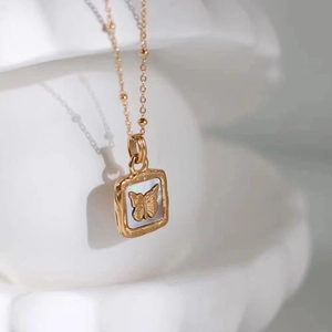 18k gold plated butterfly shell necklace with square pendant on satellite chain