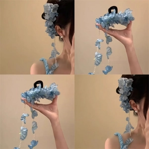Stoffen Bloem Haarklem Met Imitatieparel Kwastje Elegante Chinese Stijl Florale Shark Clip Haaraccessoire Voor Vrouwen