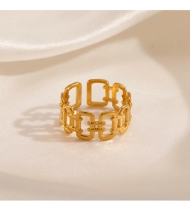 Detailed view of an 18K gold plated hollow chain link adjustable stainless steel ring