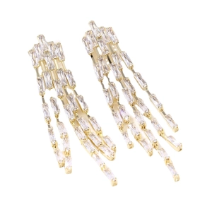 Exaggerated gold tassel drop earrings with sparkling clear cubic zirconia stones