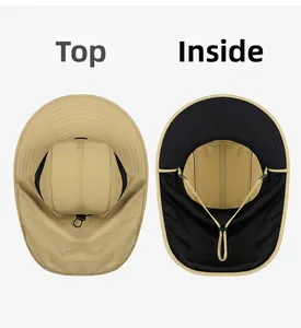 Internal view showing breathable black mesh lining and fine stitching of outdoor sun hat