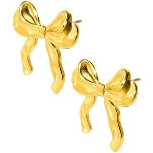 Macro shot of 18k gold-plated 304 stainless steel bow knot earrings on white background