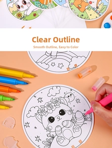 Detail of child hand coloring clear cartoon line drawings on DIY paper fans with markers