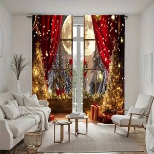 Rideaux de Noël 3D en velours avec sapin décoré et paysage de neige pour le salon