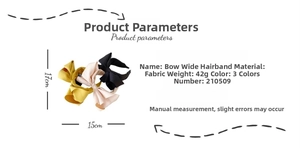 Detailed view of three cloth bow headbands in yellow, pink, and black with size dimensions