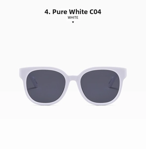 Detail of white round frame sunglasses with dark grey lenses in a minimalist style