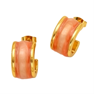 Elegant gold-plated C-shaped hoop earrings with pink marbled enamel inlay for women