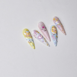3D embossed nail art stickers featuring cute bears and pearls in pastel colors, 5pcs set