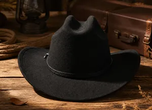 Rückansicht eines schwarzen Western-Cowboyhuts aus Wollfilz mit strukturierter breiter Krempe
