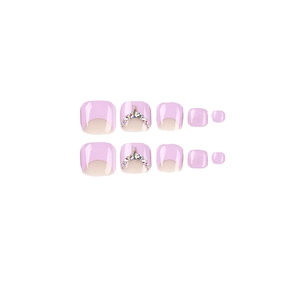 Lavender French style toe press-on nails with curved rhinestone accents on white background