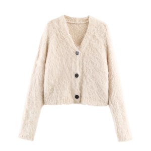Cardigan in maglia soffice da donna con scollo a V e bottoni neri in colore crema