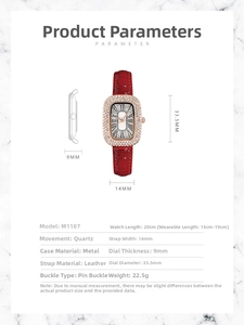 Detailed specs of luxury quartz watch with red leather strap and rhinestone bezel