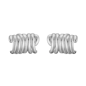 Detailed close-up of silver-tone spiral woven ear cuffs with polished metal texture