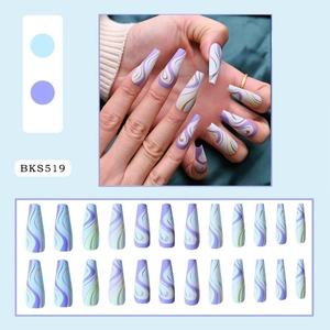 Detailed set of 24 long coffin press-on nails with colorful wave patterns and model view