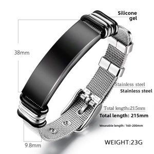 Technical drawing of stainless steel woven bracelet with dimensions 215mm and 9.8mm