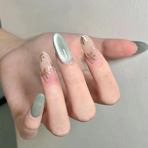 Press On Nails Green Cat Eye Sage Green And Nude Pink Gold Flower Pattern Short Oval Elegant Manicure For Women Elegant