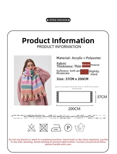 Detailed size chart of a colorful striped knit scarf with dimensions 37cm by 200cm