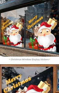 Close-up of Santa Claus window stickers and Merry Christmas gift box decals on glass
