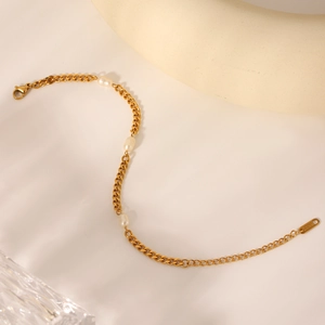 18K gold plated stainless steel curb chain bracelet with three white freshwater pearls