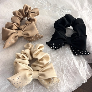 Elegant Bow Scrunchie With Rhinestone Satin Cloth Hair Ties Elastic Ponytail Holder For Women Fashion Accessories