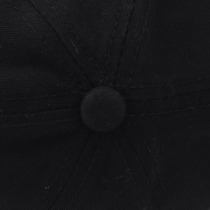 Macro view showing high-density stitching and cotton fabric texture on a black baseball cap