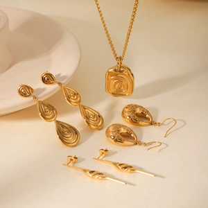 Golden stainless steel jewelry set featuring relief texture necklace and earrings