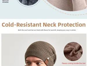 Detail view of the thick fleece lining and warm knitted texture of the winter beanie set