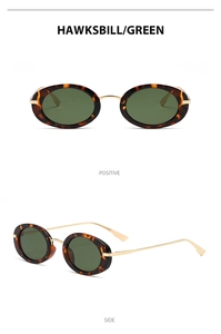 Front and side view of oval y2k retro sunglasses with hawkbill green metal frames