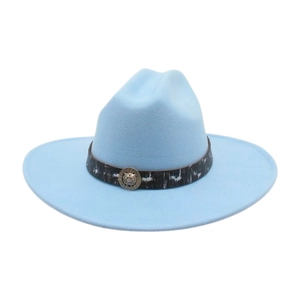 Close-up of sky blue wool felt fedora featuring a lion head buckle and black band