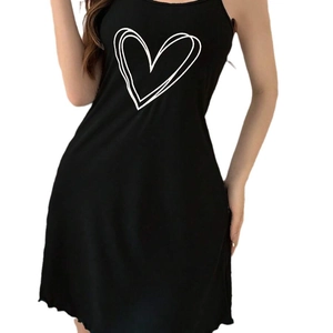 Sleeveless black cotton slip dress with heart print and ruffled hem for casual home wear
