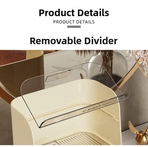 Close-up of cream organizer showing removable transparent acrylic shelf dividers
