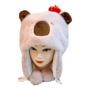Cute pink capybara plush winter hat with earflaps and red apple decor for warmth