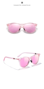 Detail view of transparent pink sunglasses with mirrored lenses and logo metal accents