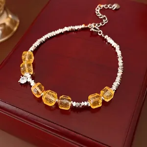 Elegant Citrine Beaded Bracelet With Black Danite And Zircon Pendant Silver Tone Metal Beads For Women Vintage Style