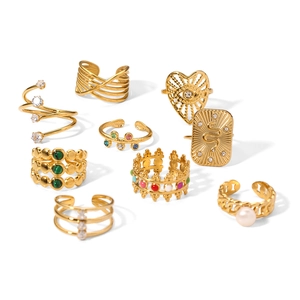 Vintage gold-plated stainless steel ring set with zircon and colorful enamel drip patterns